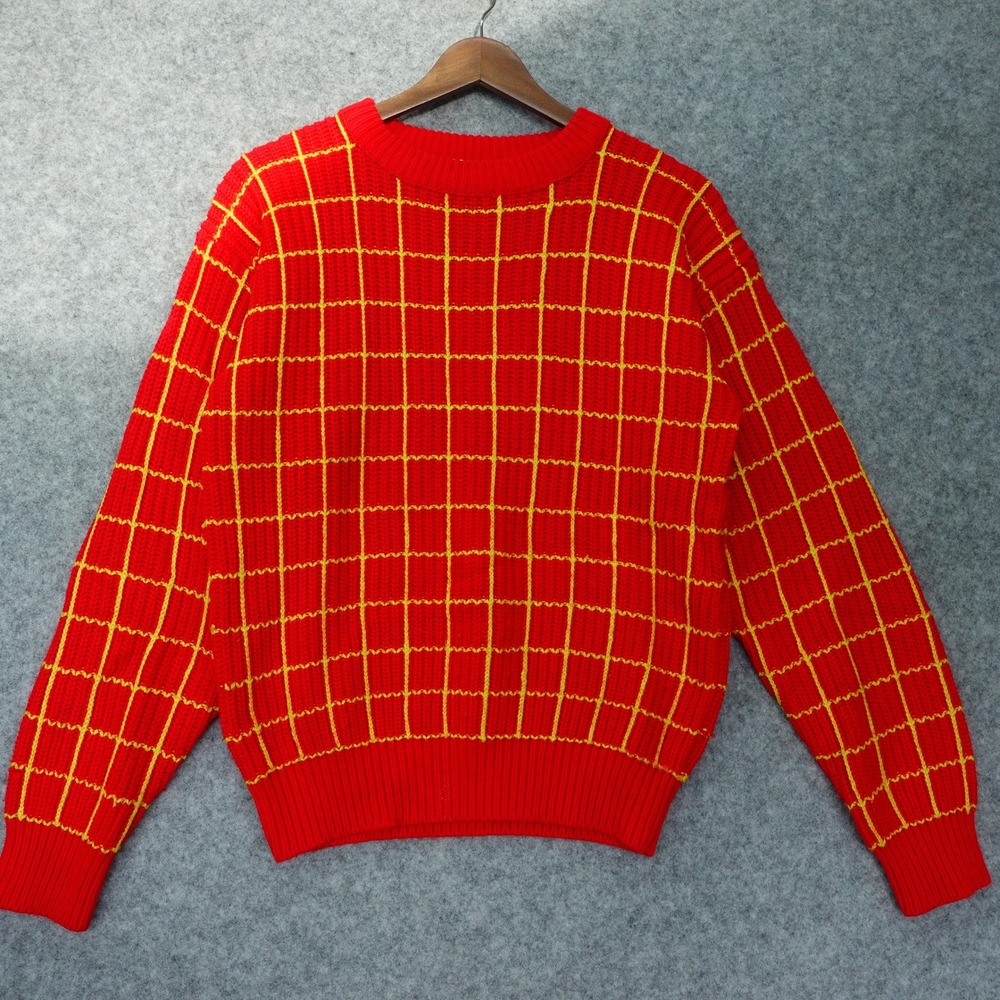 Vintage 90s Chunky Sweater Womens SMALL Red Indie Prep Fall Windowpane Check JED